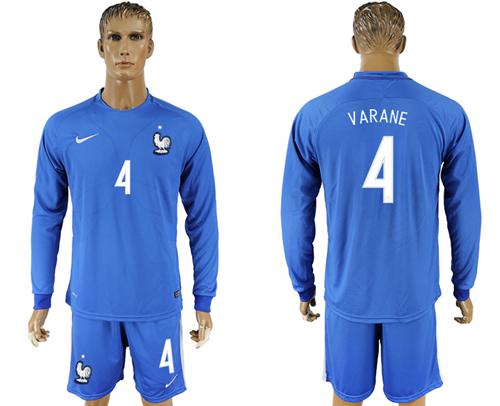 France #4 Varane Home Long Sleeves Soccer Country Jersey - Click Image to Close
